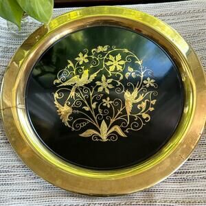 Vintage Oneida Brass & Black Art Nouveau Bird Floral Plate, Cocktail Platter